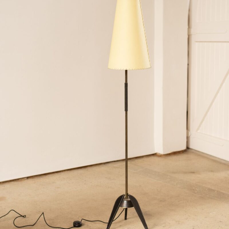 Liloh Vintage Metal & Bakelite Floor Lamp with Whip-Stitched Velum Shade – Italy c.1950